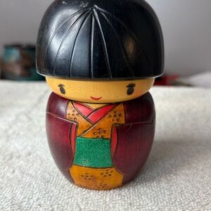 Handcrafted Wooden Kokeshi Doll - Black, Red, Green, Yellow